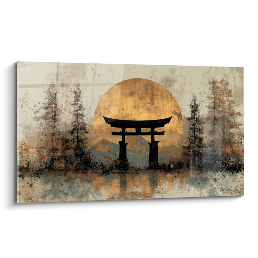 Quadro torii silhouette nera sole dorato nebbioso autunnale - Serenità mistica - Edizione torii