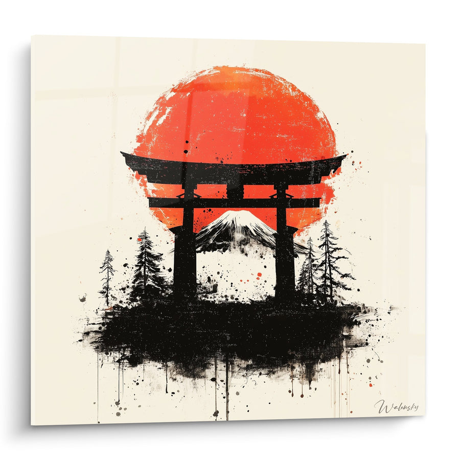 Tableau soleil rouge et porte sacrée noire dans la brume - Sanctuaire mystique - Edition torii