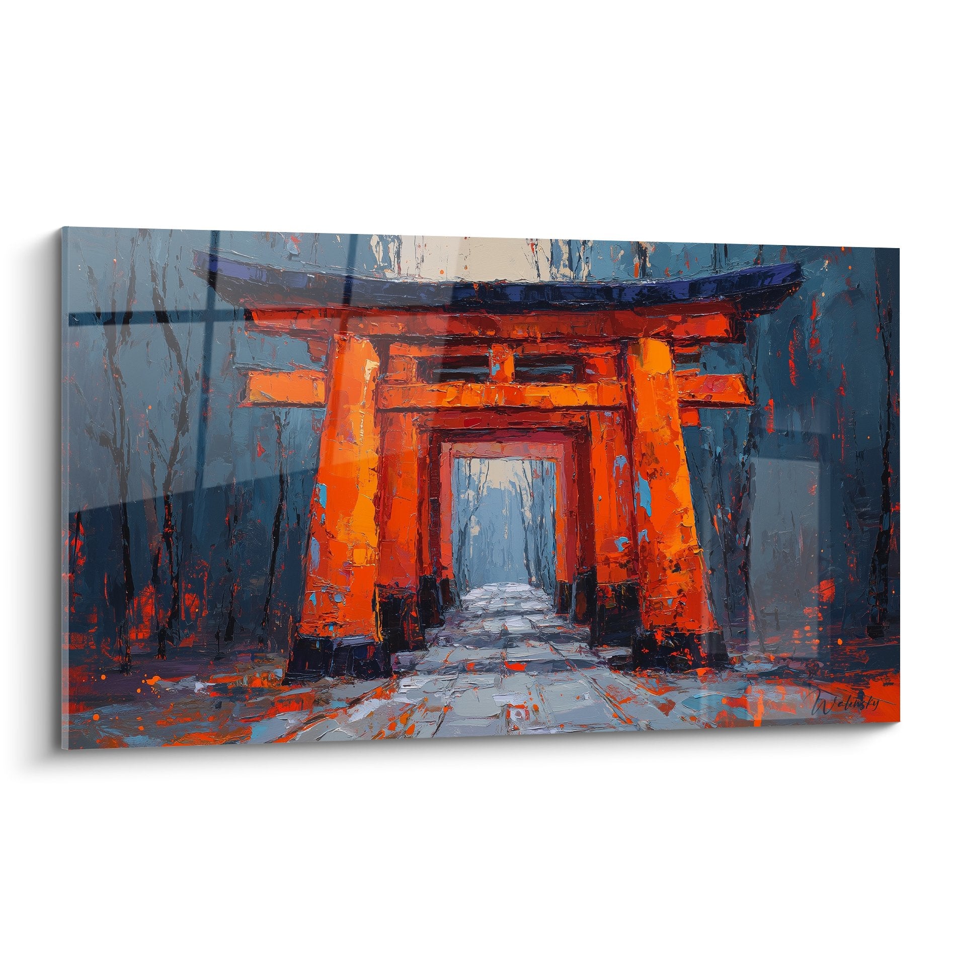 Tableau torii vermillon dans brume nocturne avec eclaboussures oranges sur chemin dalle, art japonais contemporain