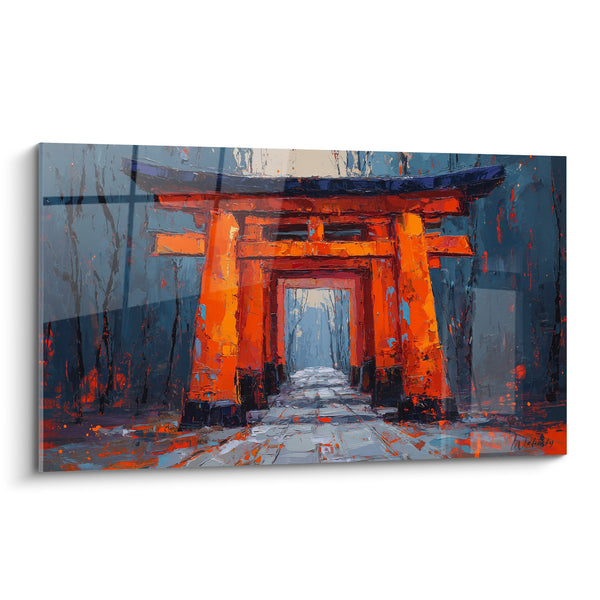 Zinnoberrotes Torii Bild in nächtlichem Nebel mit orangen und blauen Reflexen - Mystischer Durchgang - Torii Edition