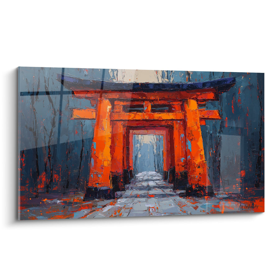 Tableau torii vermillon dans brume nocturne aux reflets oranges et bleus - Passage mystique - Edition torii