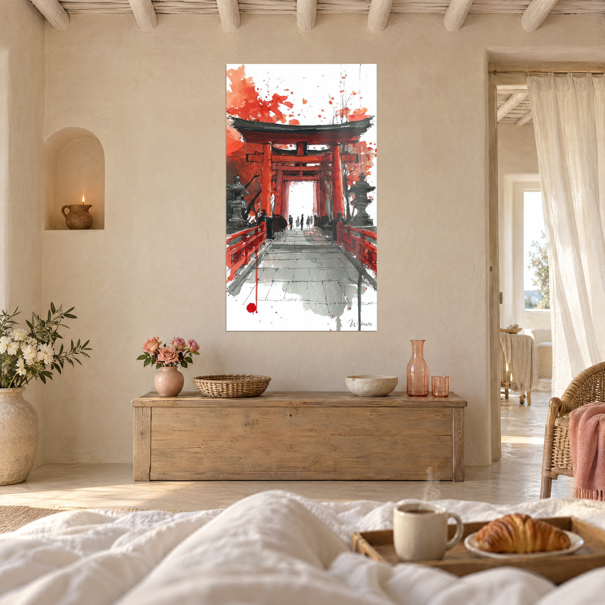 Wall art sacred passage in red-orange and ink black, wooden chest of drawers, croissant and coffee, above a bed in a bright bedroom