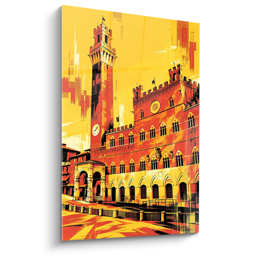 Tableau Tour médiévale rouge et jaune ocre - Veille toscane - Edition Torre del Mangia Toscane Italie