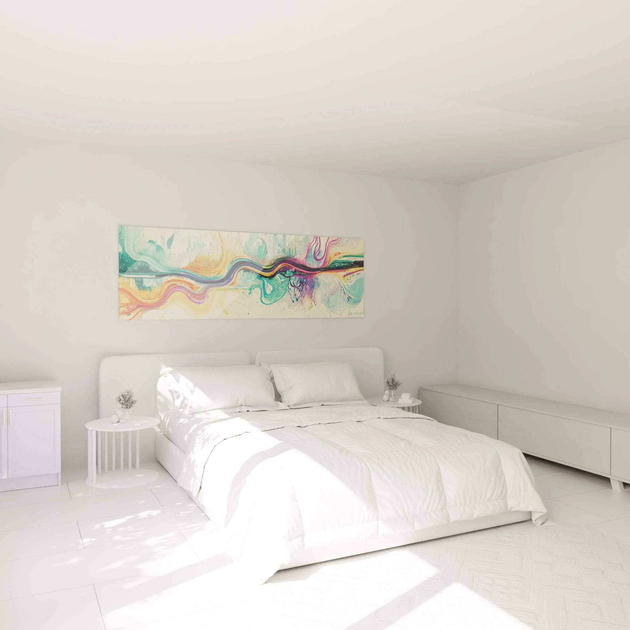 Tableau moderne abstrait Walensky avec des vagues colorées dans une chambre minimaliste