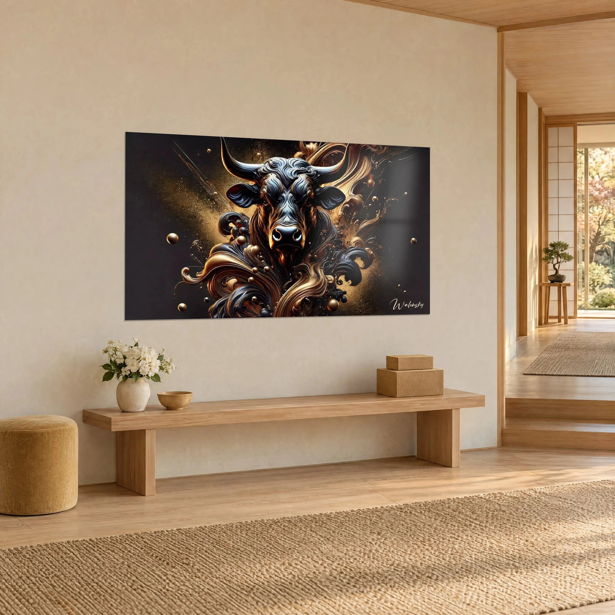 Tableau buffle sombre entouré de volutes bronze et d'éclats d'or sur fond anthracite, mur beige d'une maison japandi