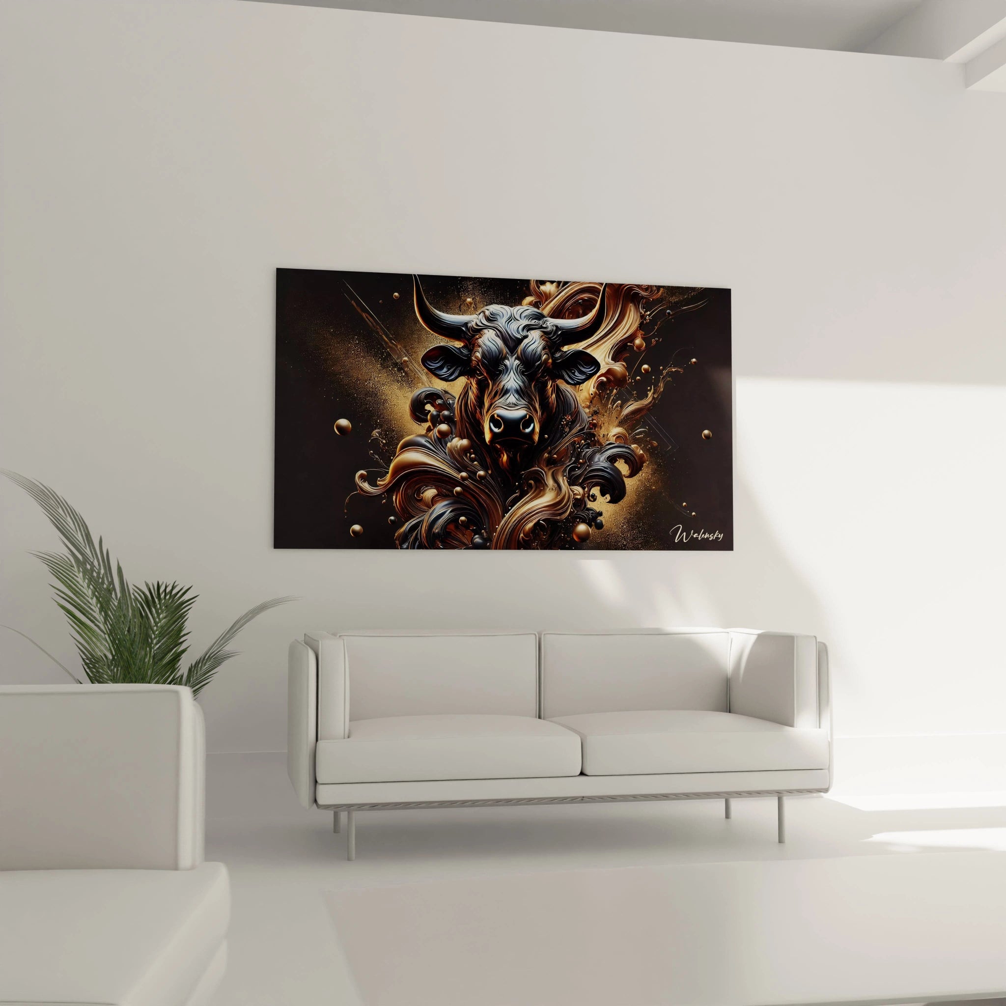 Tableau Essence Sauvage en verre acrylique au-dessus d'un canapé dans un salon - Art mural impressionnant et contemporain - Décoration intérieure inspirée par la nature pour salon - Tableau de grande taille et impression haute résolution - Élément décoratif raffiné pour salon moderne