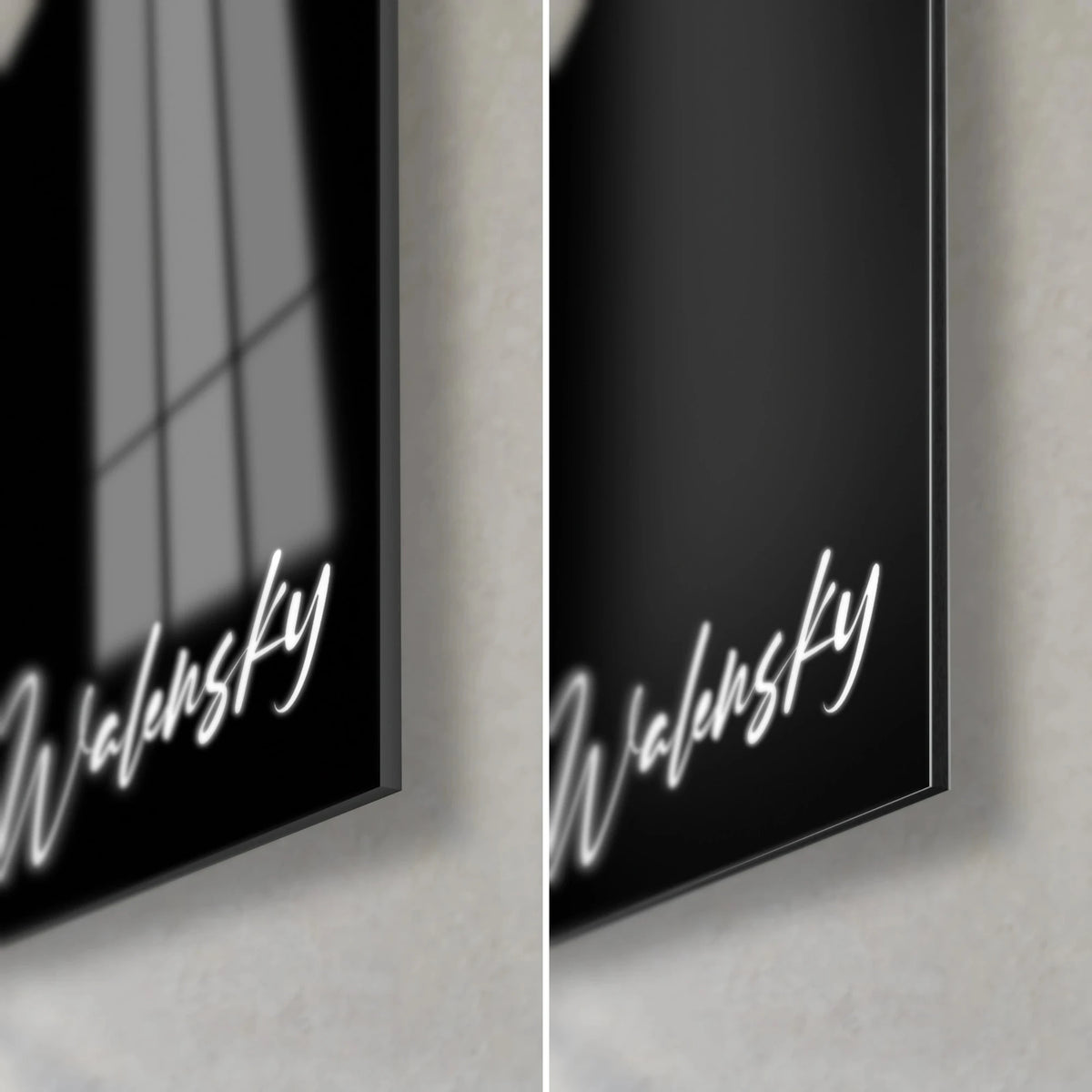 Schilderij witte kronkelende band op zwarte achtergrond, rechtsonder: glanzend glas met reflecties, mat Dibond, 3 mm rand, handtekening Walensky