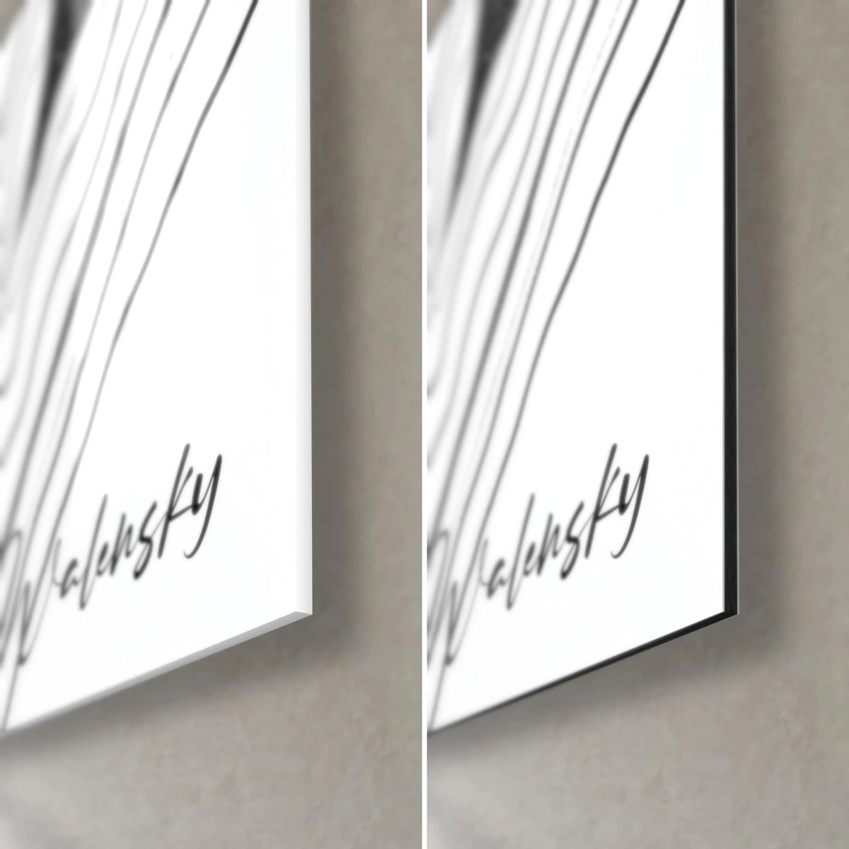 Wall art graphic black and white swirl, handwritten Walensky signature, glossy acrylic glass on the left, matte Dibond on the right