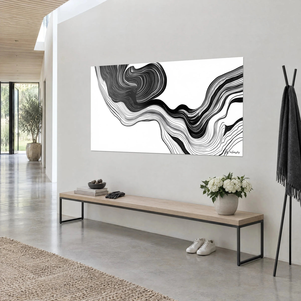 Wall art organic curves in deep black and pure white, parallel lines swirling in volutes, seen three-quarter view on a light grey wall