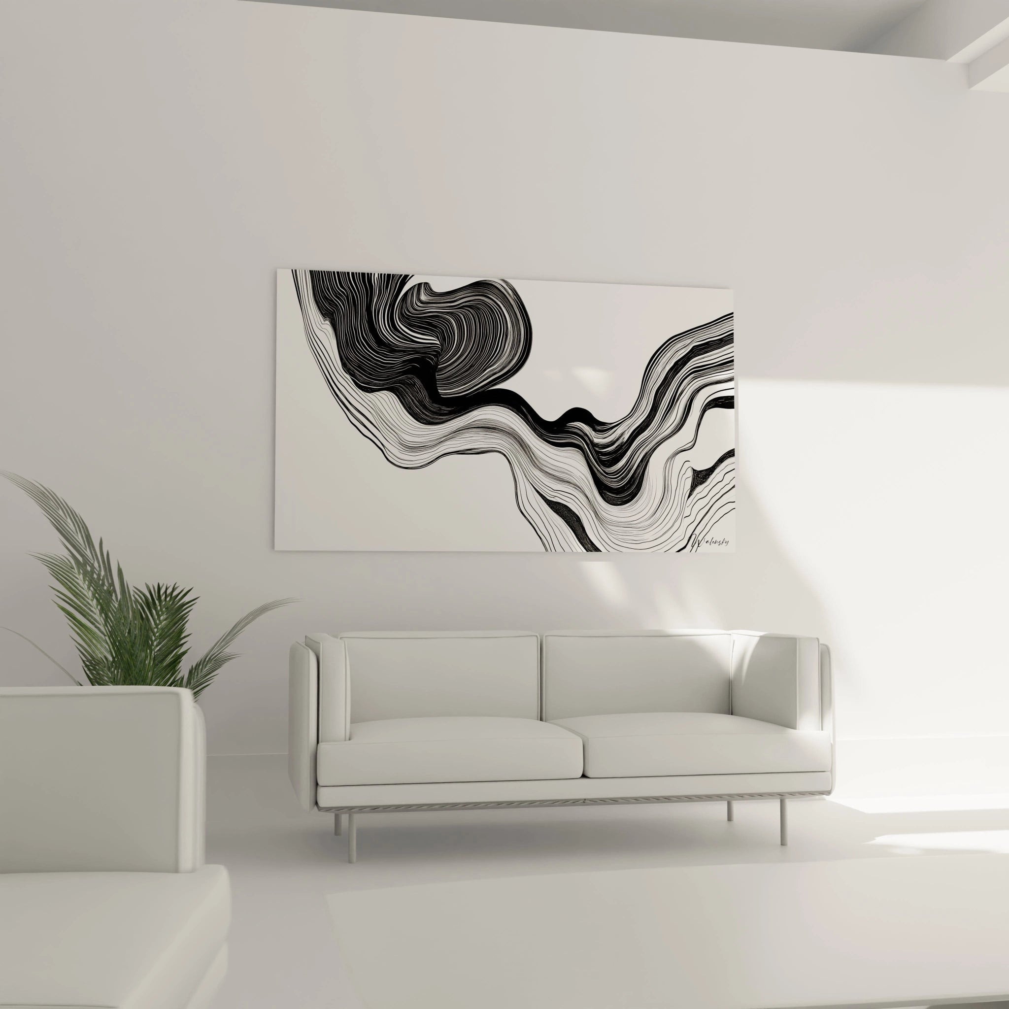 Un tableau rayures noir et blanc aux motifs fluides représentant des lignes organiques qui serpentent à travers la composition. L'œuvre joue sur les contrastes entre surfaces noires denses et zones blanches aérées, créant une tension visuelle dynamique par la précision des traits et leurs ondulations rythmiques.
