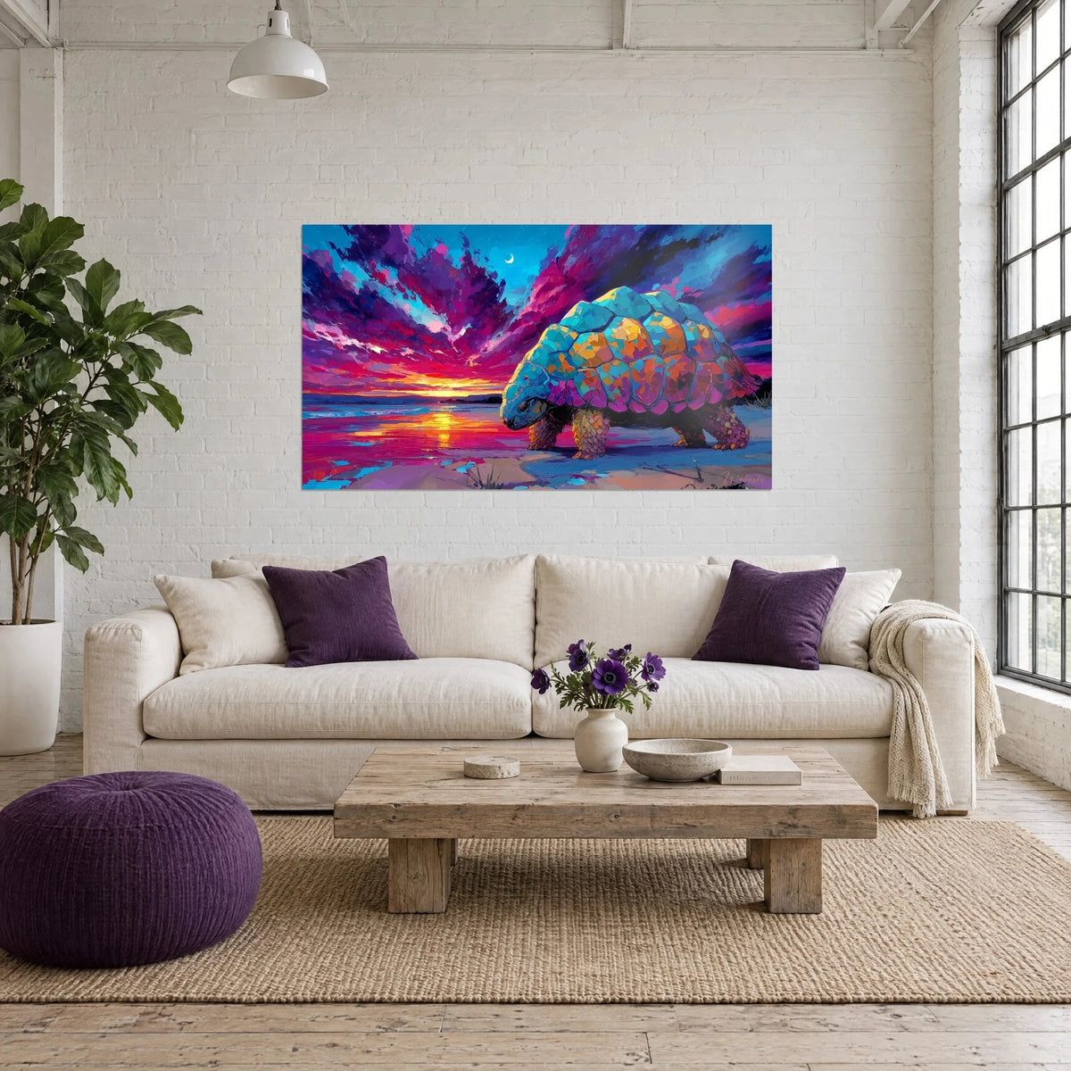 Schilderij van een reusachtige glyptodon met een schild van turquoise en oranje mozaïek, vurige paarse lucht, boven een bank in een lichte woonkamer