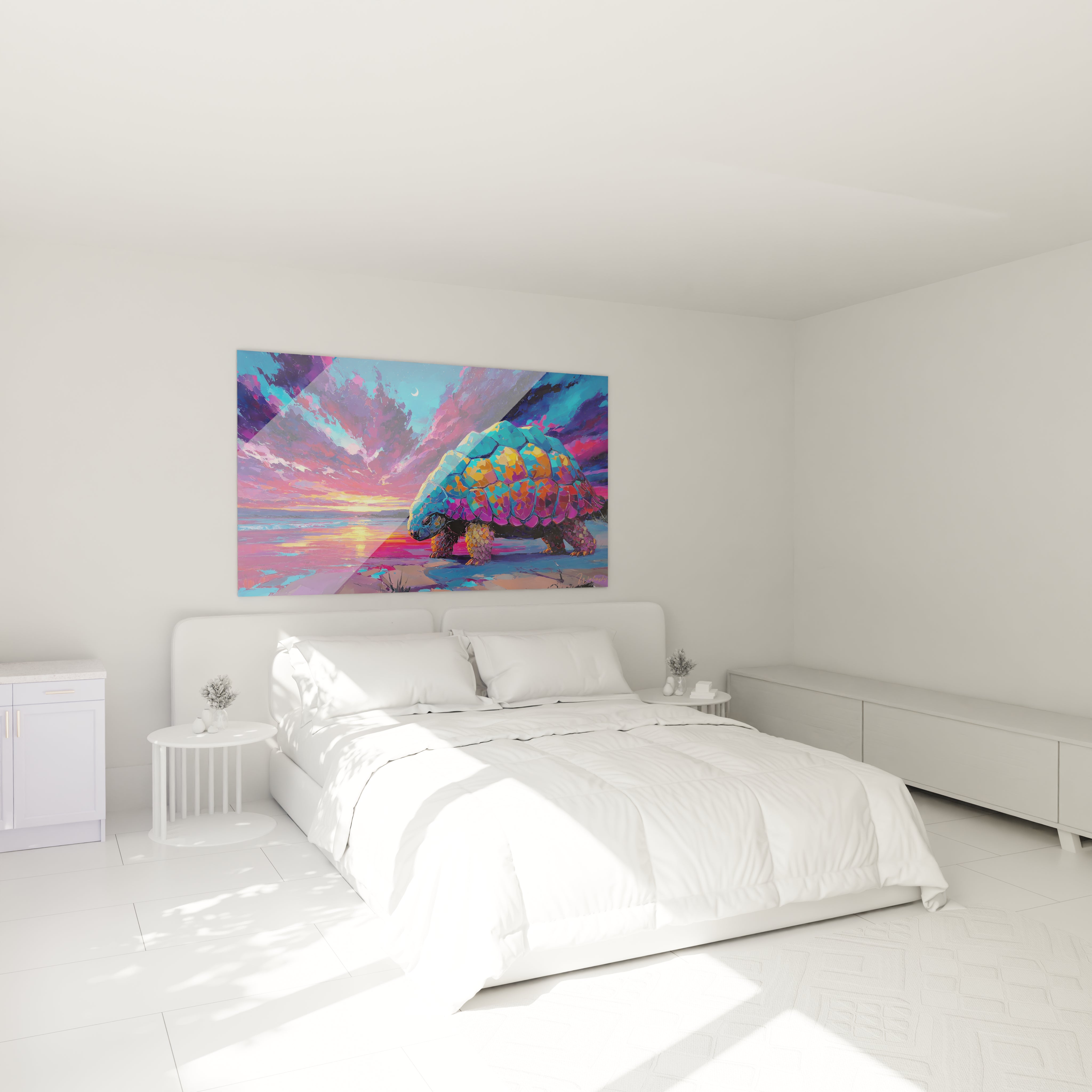 Tableau tortue géante multicolore décorant une chambre moderne avec ambiance crépuscule