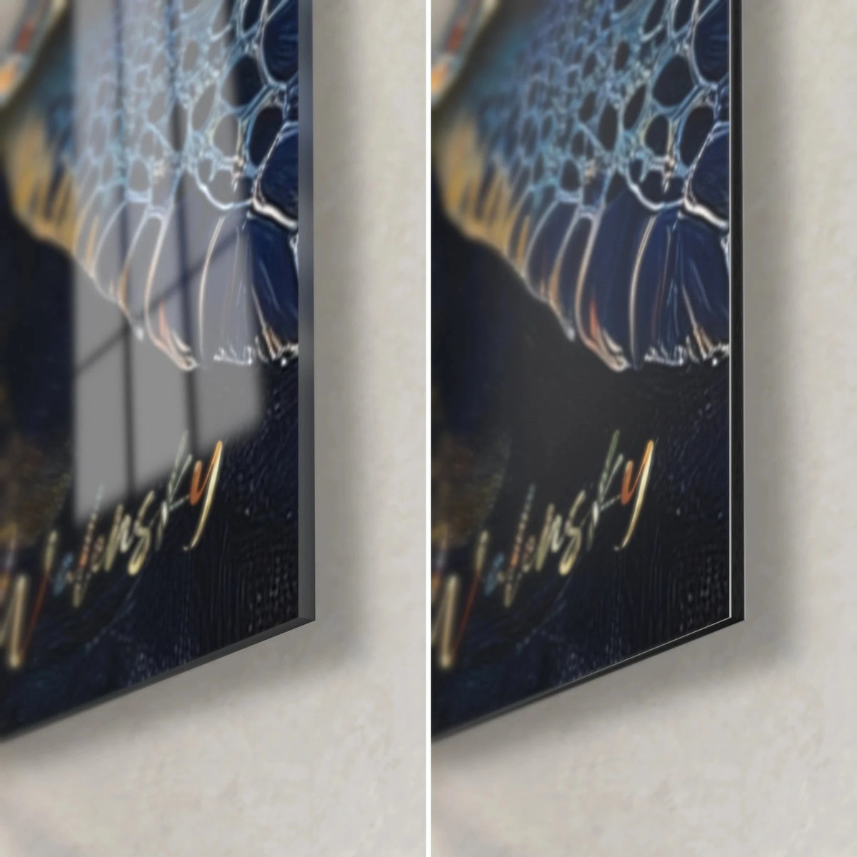 Wall art sea turtle with amber scales, bottom right corner: glossy reflective glass, matte black Dibond signed Walensky, 3 mm edge