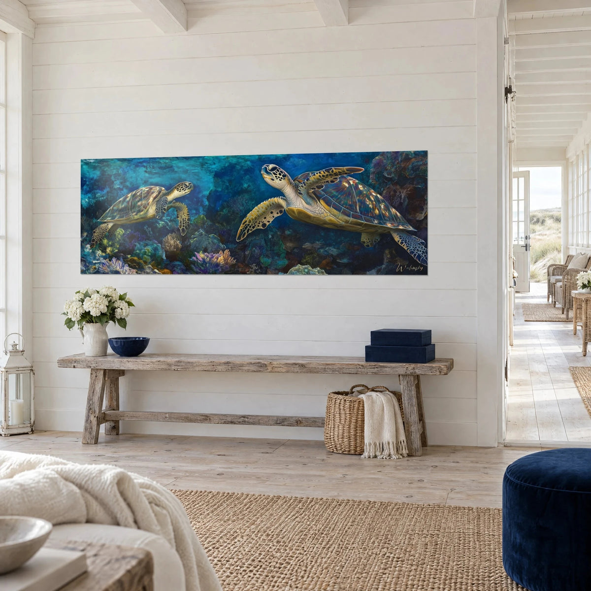Wall art reptile with golden scales swimming left, midnight blue background and violet coral, three-quarter view, seaside house
