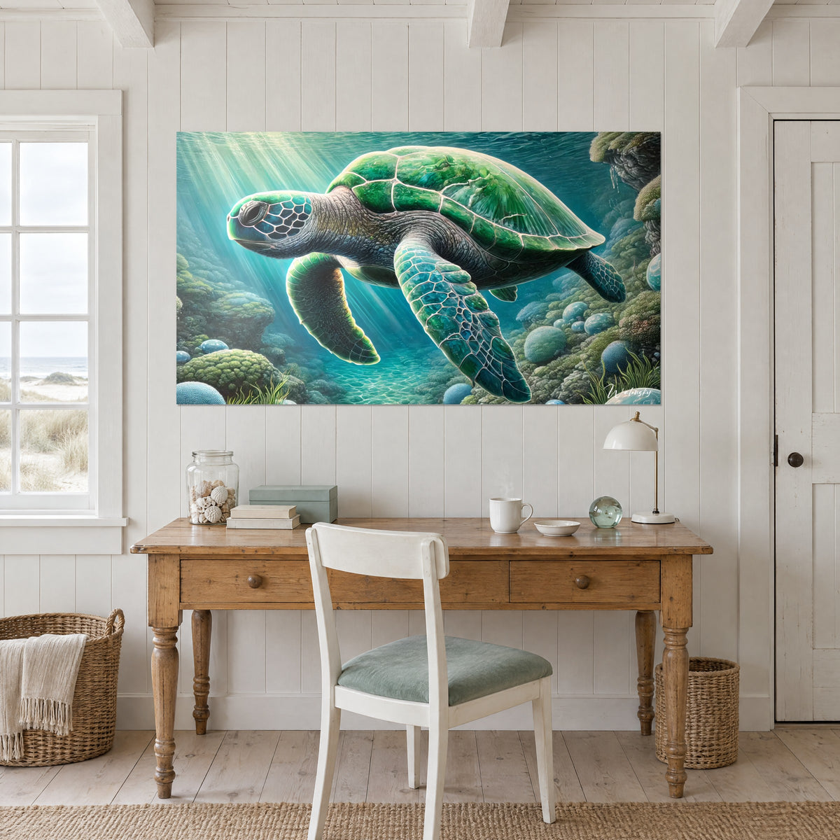 Cuadro gran tortuga verde deslizándose frente a un arrecife cubierto de musgo, agua azul verdosa cristalina, colgado encima de un escritorio de madera clara