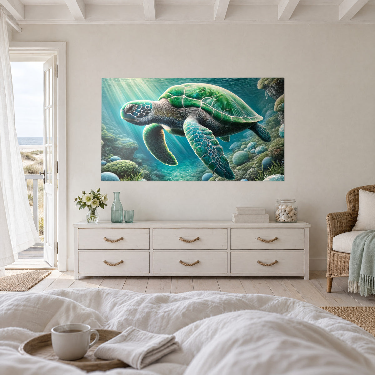 Cuadro caparazón con placas verde esmeralda flotando en azul laguna, rocas cubiertas de musgo, encima de una cama en un dormitorio luminoso