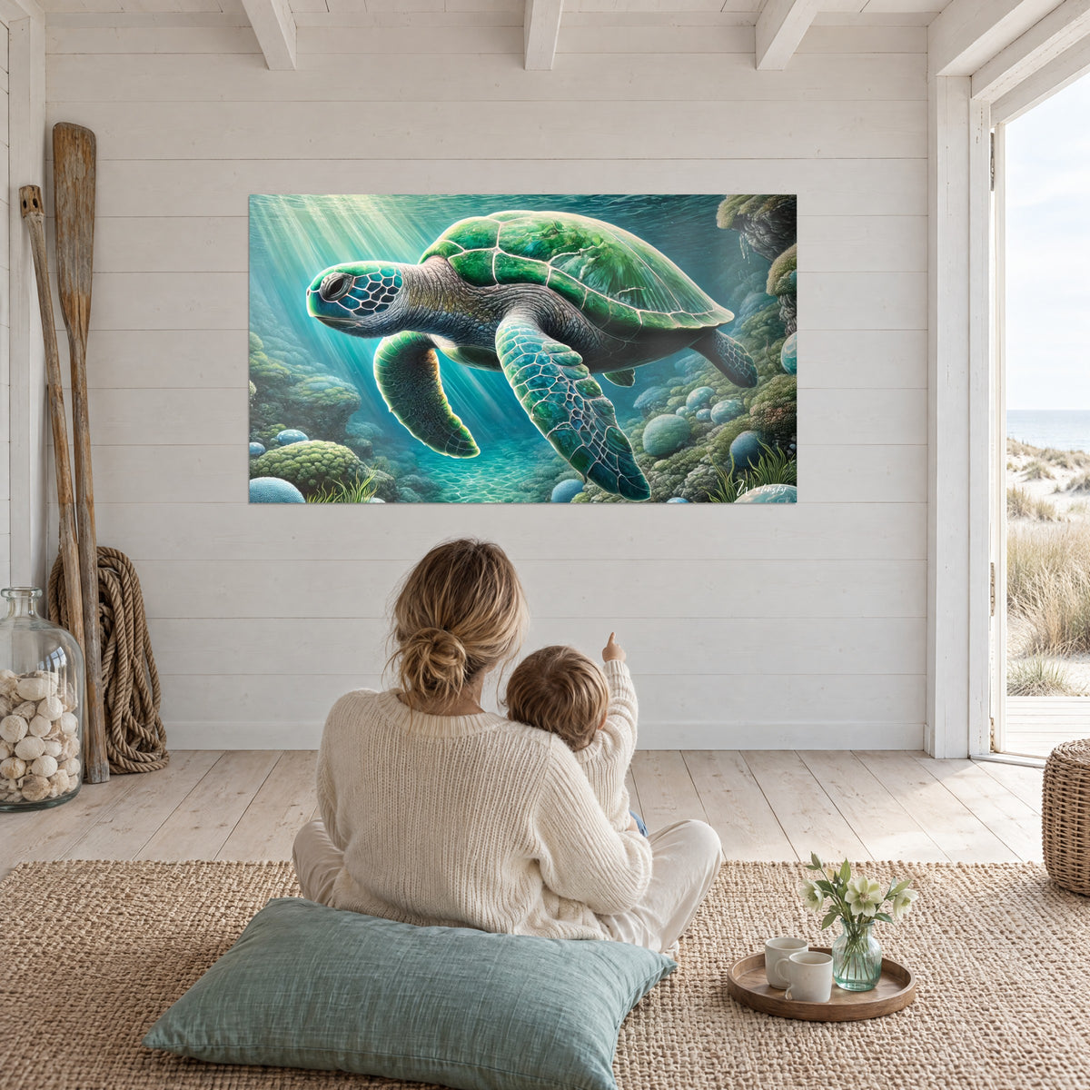 Cuadro tortuga de las profundidades con cabeza azul medianoche y caparazón verde vivo, haces de luz dorada, una madre y su hijo sentados de espaldas