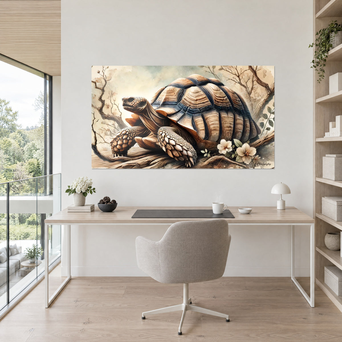 Cuadro gran tortuga pensativa, caparazón ámbar y azul tinta, flores claras, frente a un escritorio de madera clara junto a una ventana