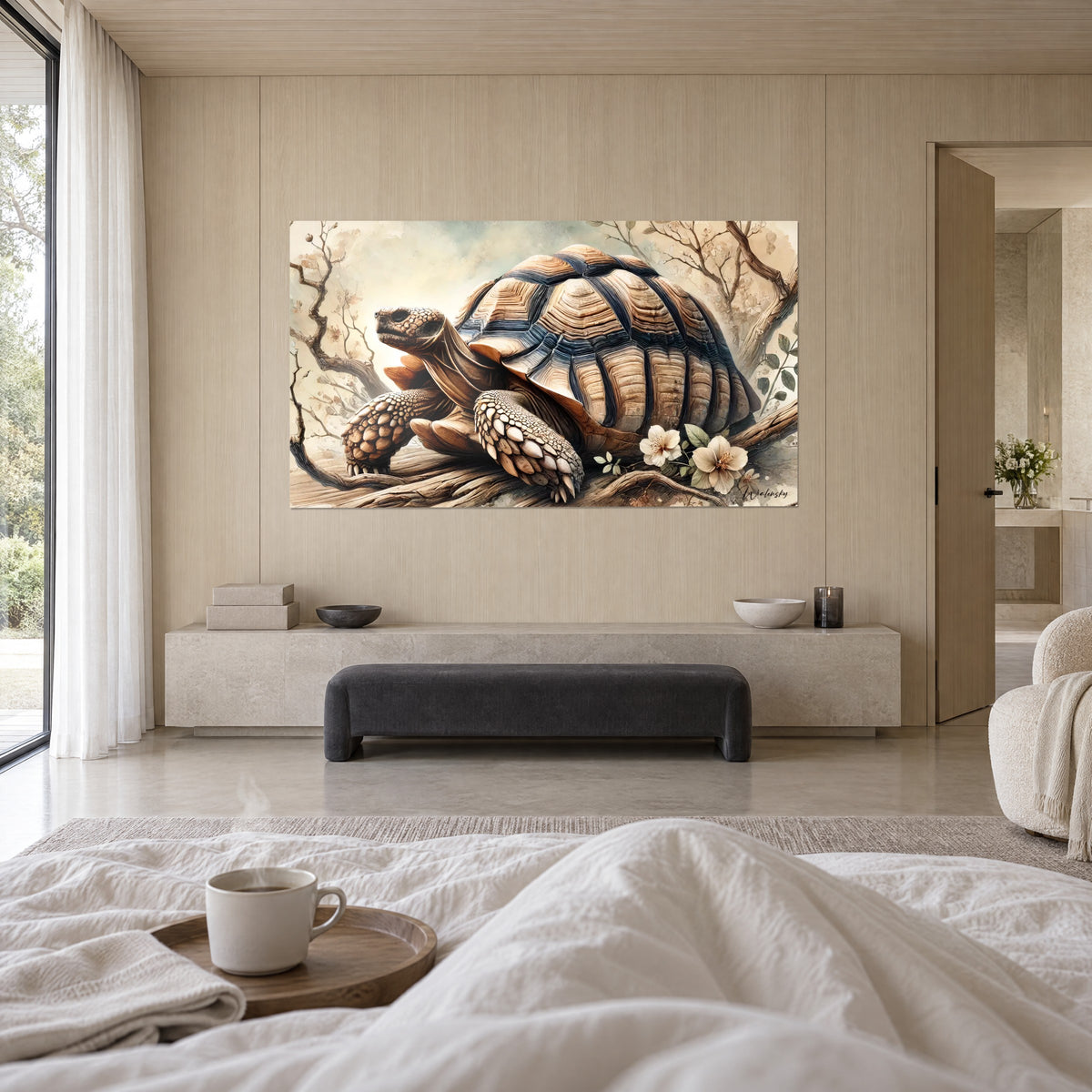 Cuadro reptil acorazado de escamas beige y azul marino, ramas desnudas, sobre una cama en un dormitorio luminoso