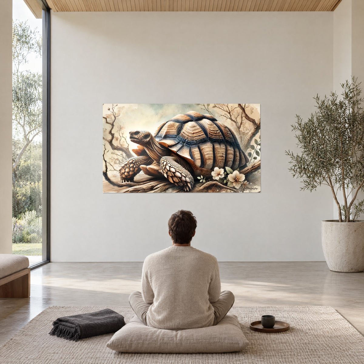 Cuadro tortuga de la estepa sobre una rama retorcida, beige e índigo, observado por una persona sentada en meditación sobre un cojín