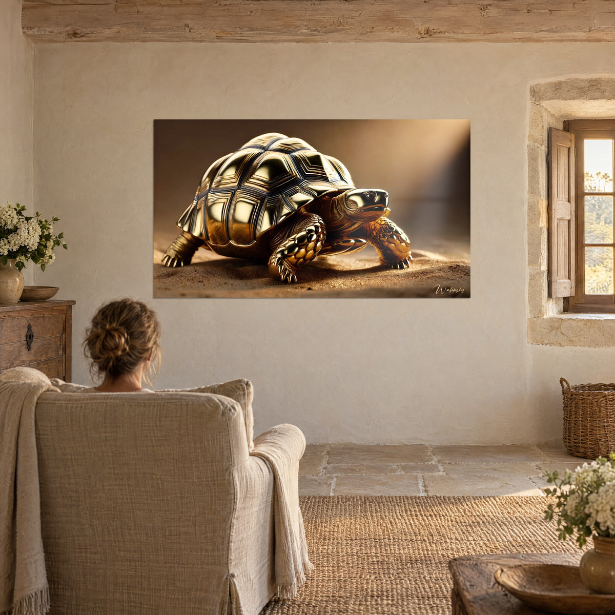 Cuadro de tortuga gigante metálica, reflejos dorados y azul oscuro en el caparazón, frente a una persona de espaldas en un sillón