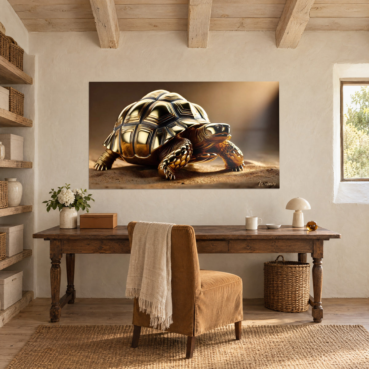 Cuadro de tortuga dorada caminando por la arena, caparazón brillante y fondo caramelo, colgado encima de un escritorio de madera