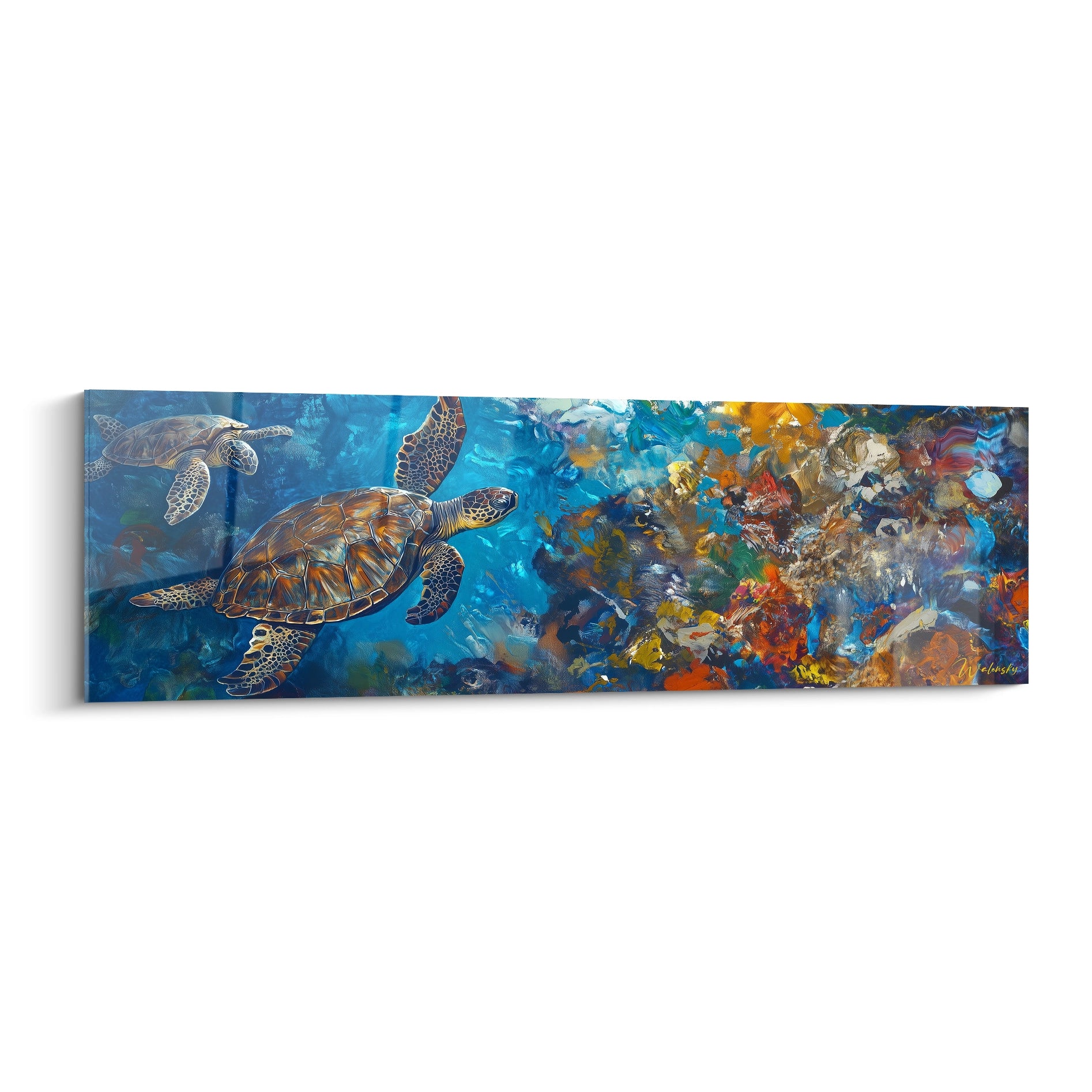Tableau Walensky représentant deux tortues de mer nageant dans un océan coloré et vibrant