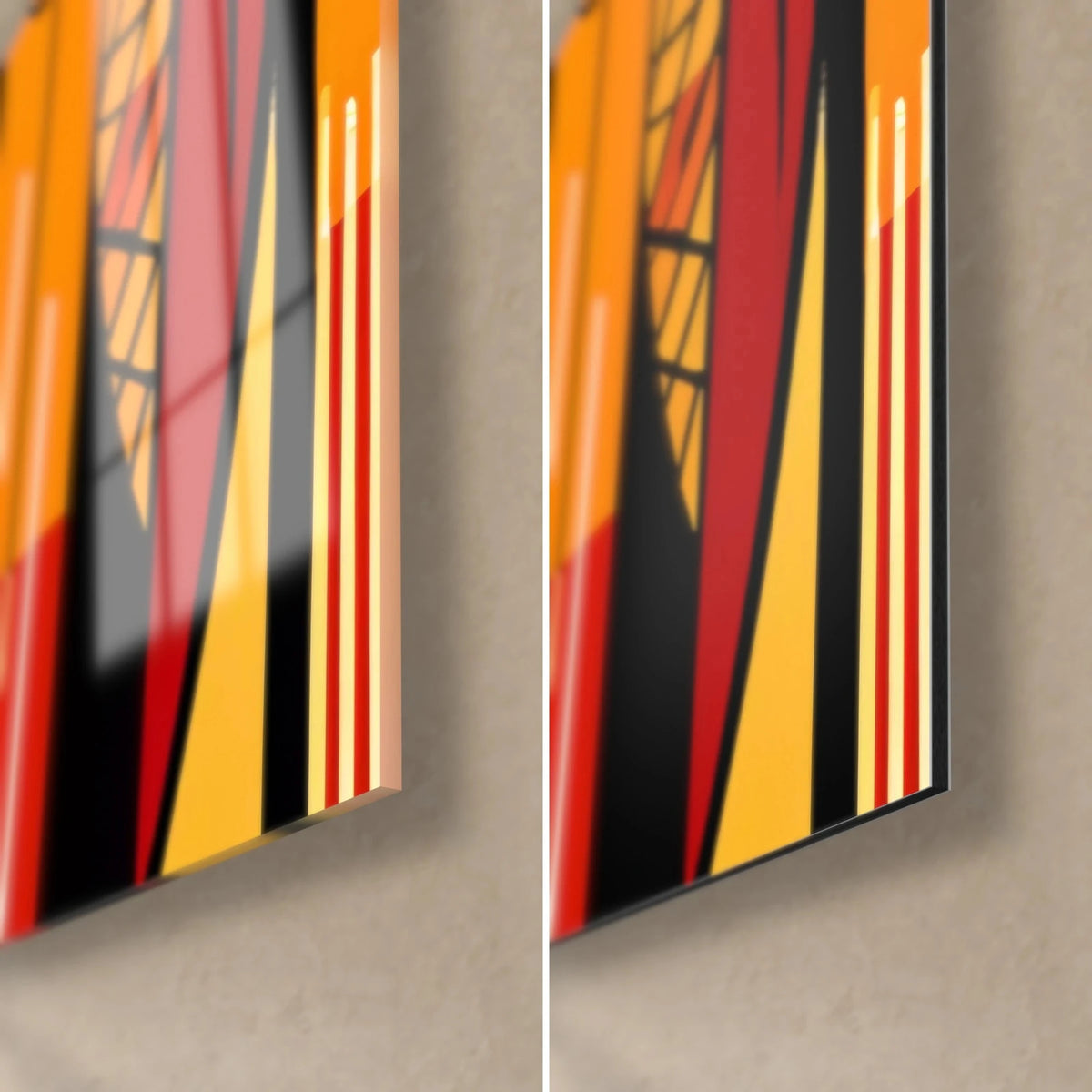 Wall art with totemic figures, bottom right corner: glossy glass and reflections on the left, matte black Dibond on the right, 3 mm edge