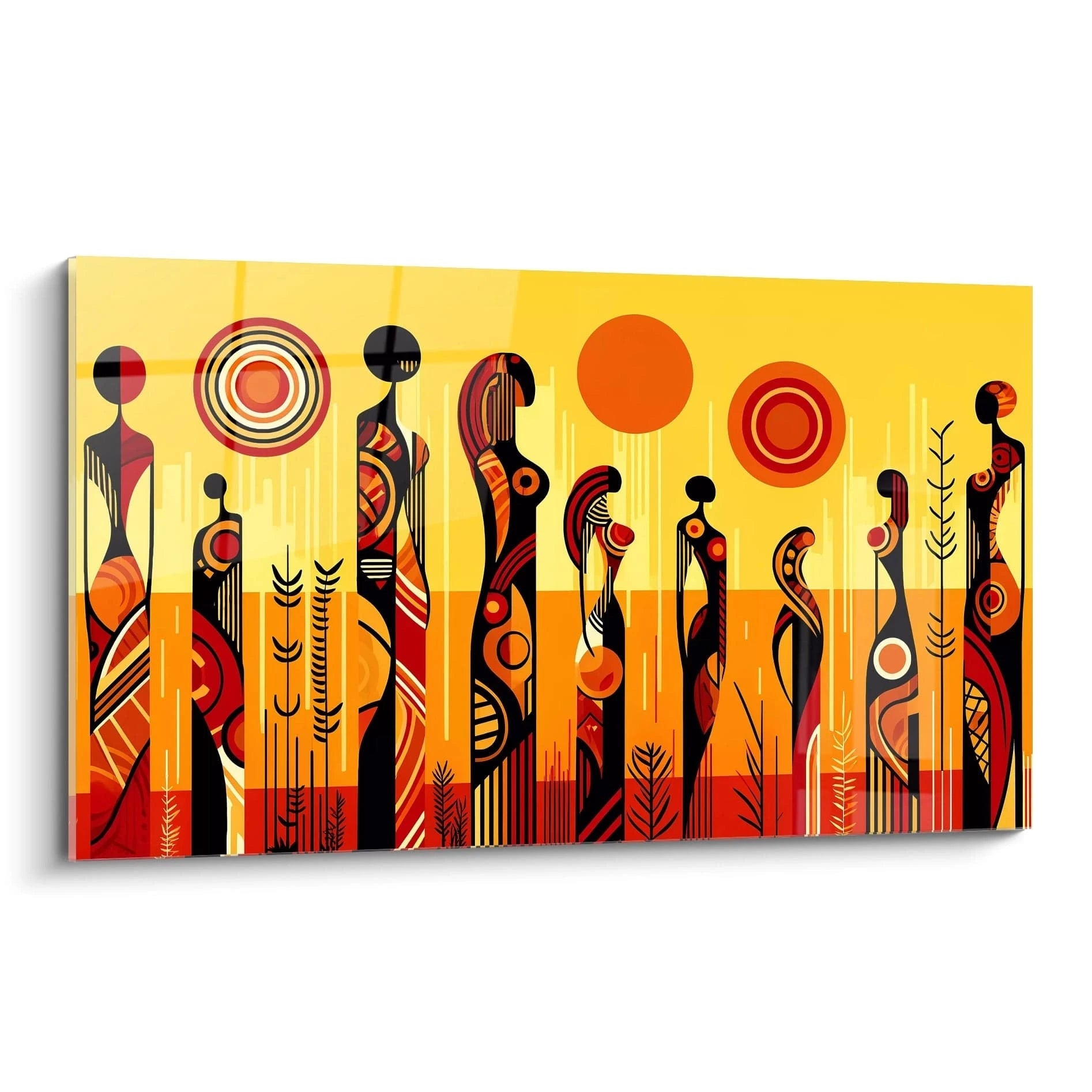 Ce tableau africain vu de biais révèle une explosion de couleurs vibrantes : jaune, rouge et noir. Les formes géométriques symbolisent la vie et l’énergie du continent africain sous le soleil éclatant.

