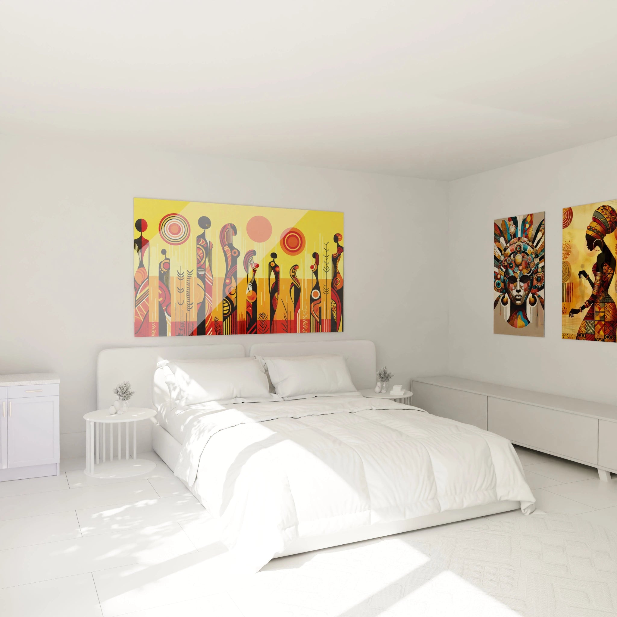 Dans une chambre, ce tableau africain suspendu au-dessus du lit crée une ambiance chaleureuse. Ses couleurs vives et ses motifs dynamiques apportent une touche d’élégance inspirée des traditions africaines.

