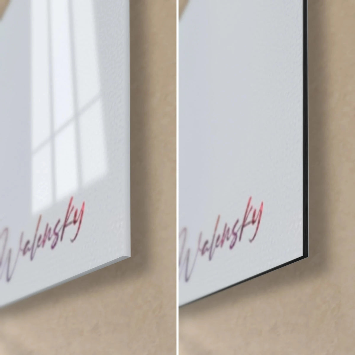 Wall art of a palette-knife toucan, bottom right corner: glossy acrylic glass on the left, matte Dibond on the right, pink Walensky signature