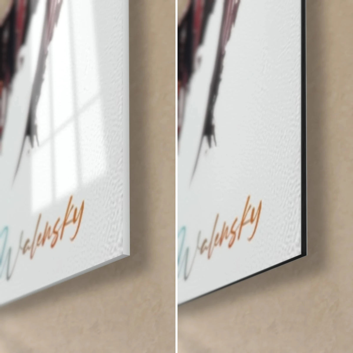 Wall art toucan painted with thick impasto, turquoise and black feathers, bottom-right corner in glossy acrylic glass and matte brushed Dibond aluminium, 3 mm thick