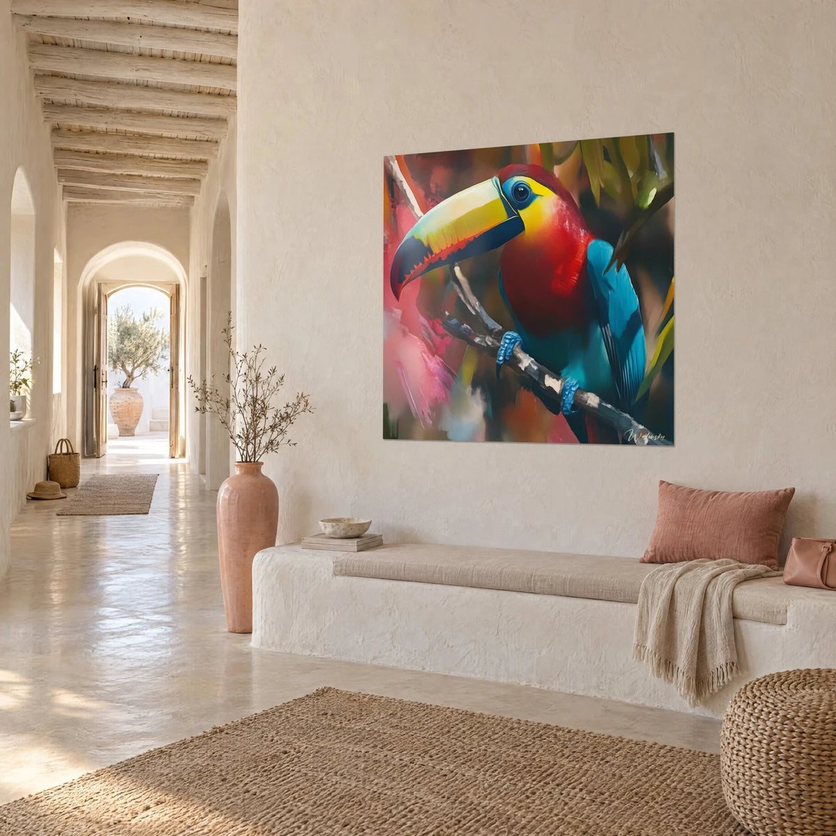 Wall art exotic bird with vivid red breast and turquoise wing, pink brushstroke background, three-quarter view in a hallway