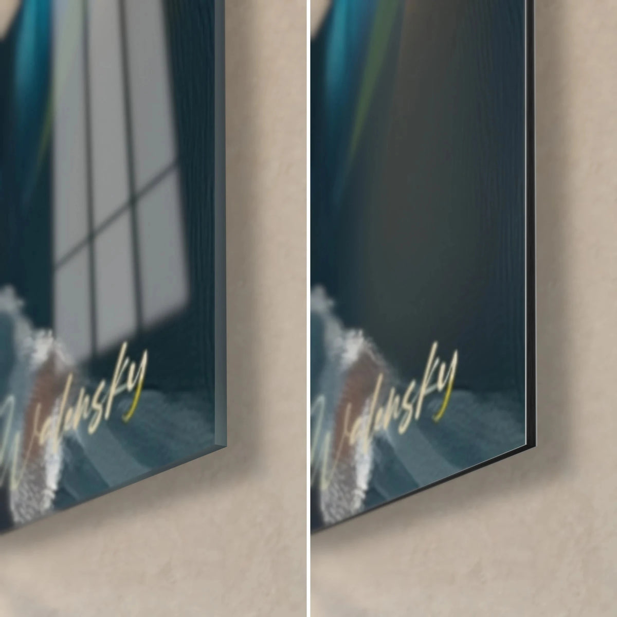 Wall art toucan, bottom right corner: glossy acrylic glass on the left, matte Dibond aluminium on the right, 3 mm edge