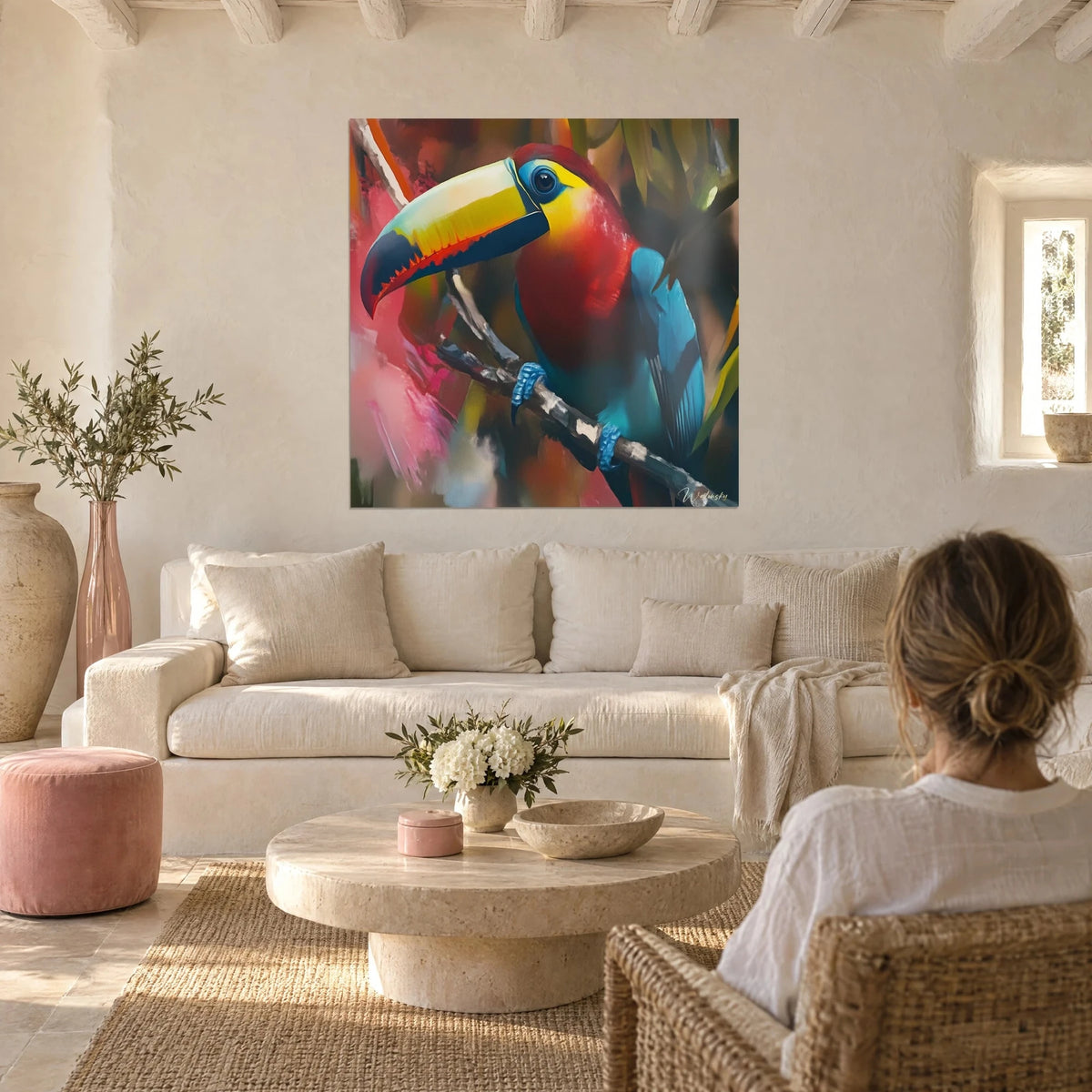 Wall art toucan with yellow and black beak on a branch, red and turquoise plumage, above a sofa in a bright living room
