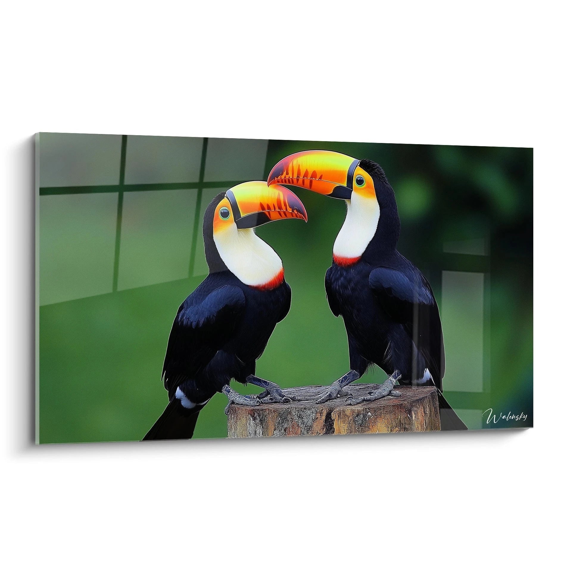 Un tableau toucan représentant deux oiseaux face à face sur un tronc d'arbre, avec des becs orange vif, un plumage noir profond et des plastrons blancs. Le fond vert flou contraste avec les détails nets des plumes brillantes et des yeux expressifs.
