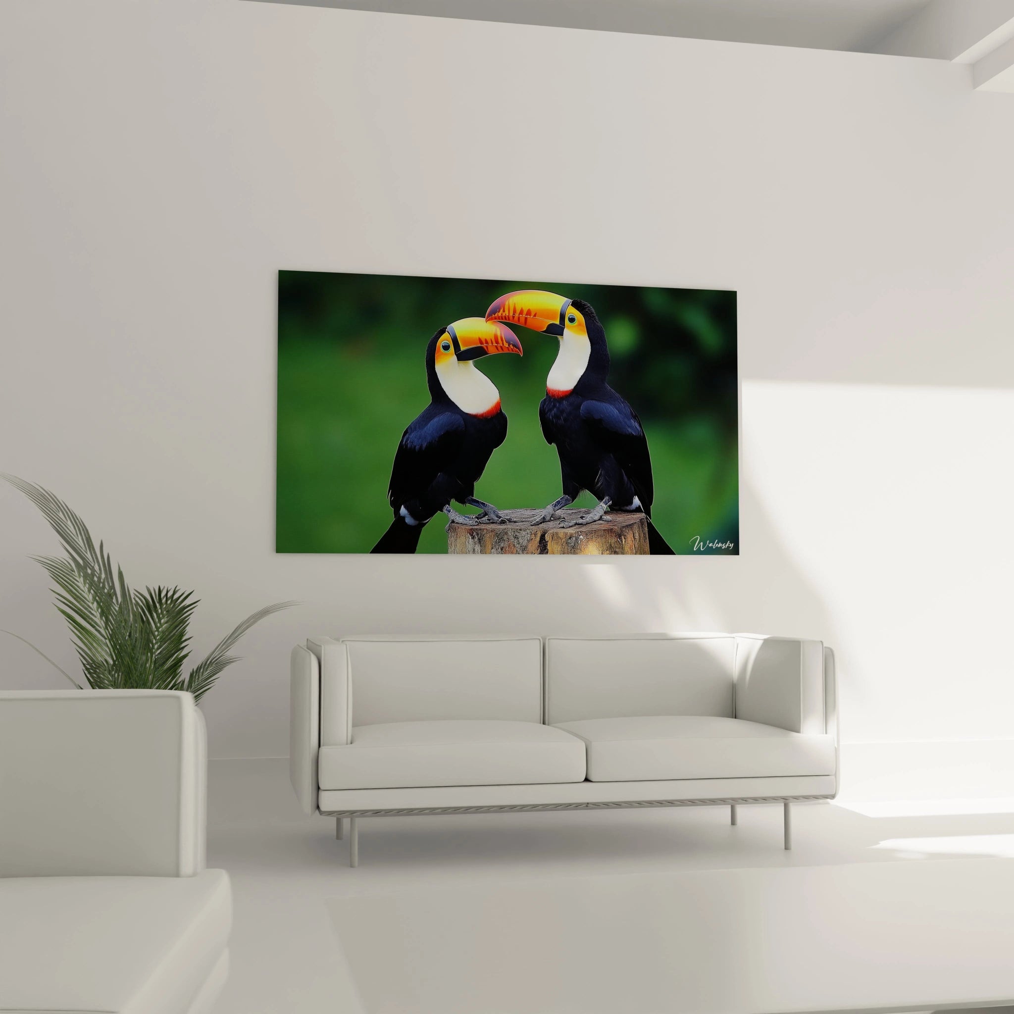 Un tableau toucan figurant deux spécimens en position de dialogue, corps noir d'encre, becs orange flamboyant et poitrines blanches. Les détails précis des plumes et des écailles des pattes contrastent avec l'arrière-plan vert forêt adouci et texturé.

