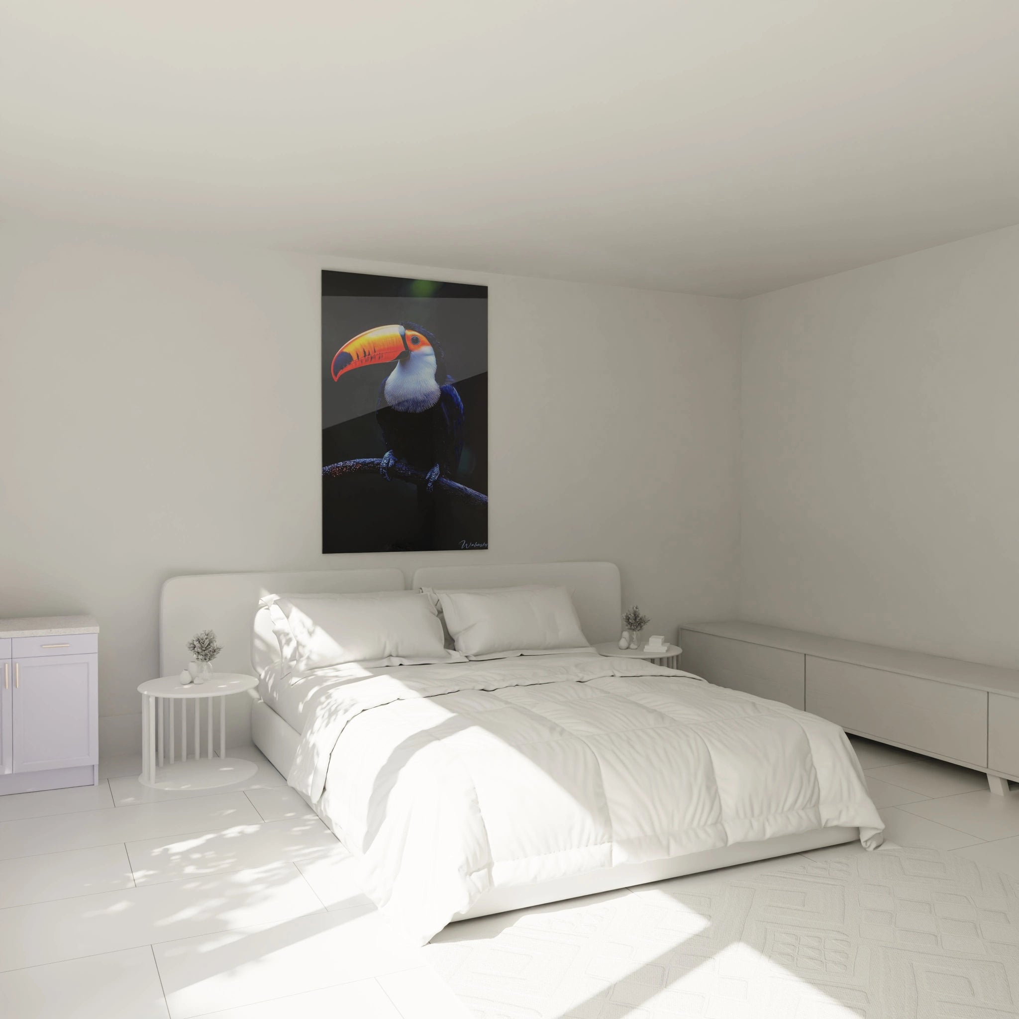 Un tableau toucan représentant l'oiseau tropical dans toute sa splendeur, combinant des textures détaillées de plumes, un contraste saisissant entre le bec orangé lumineux et le corps noir profond, avec une mise en scène épurée sur fond obscur.
