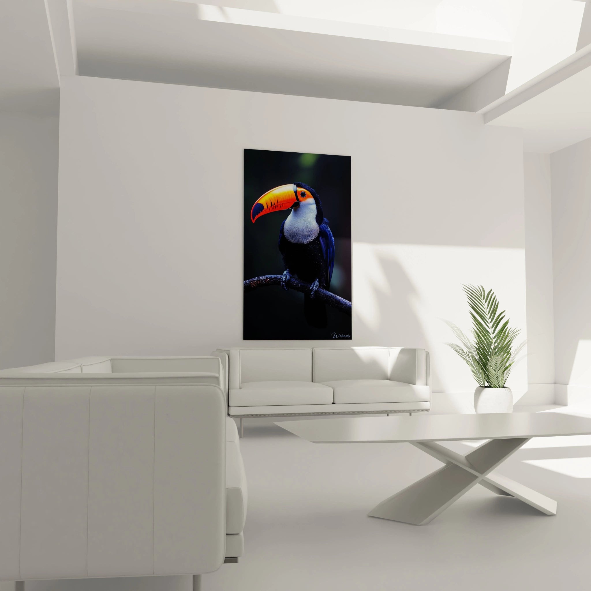 Un tableau toucan au rendu réaliste capturant l'élégance de l'oiseau exotique, avec des transitions délicates entre le bleu-noir du plumage, le blanc immaculé de la gorge et l'orange éclatant du bec imposant.
