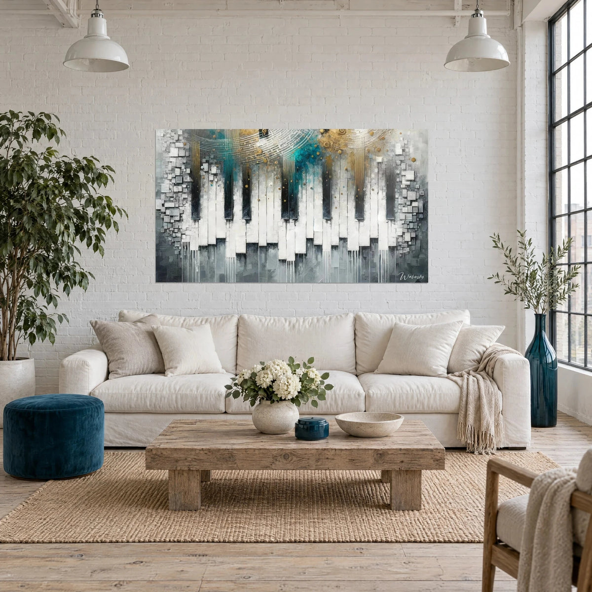 Tableau clavier de piano abstrait, touches blanc nacré et noir, éclats turquoise et or, au-dessus d'un canapé dans un salon lumineux