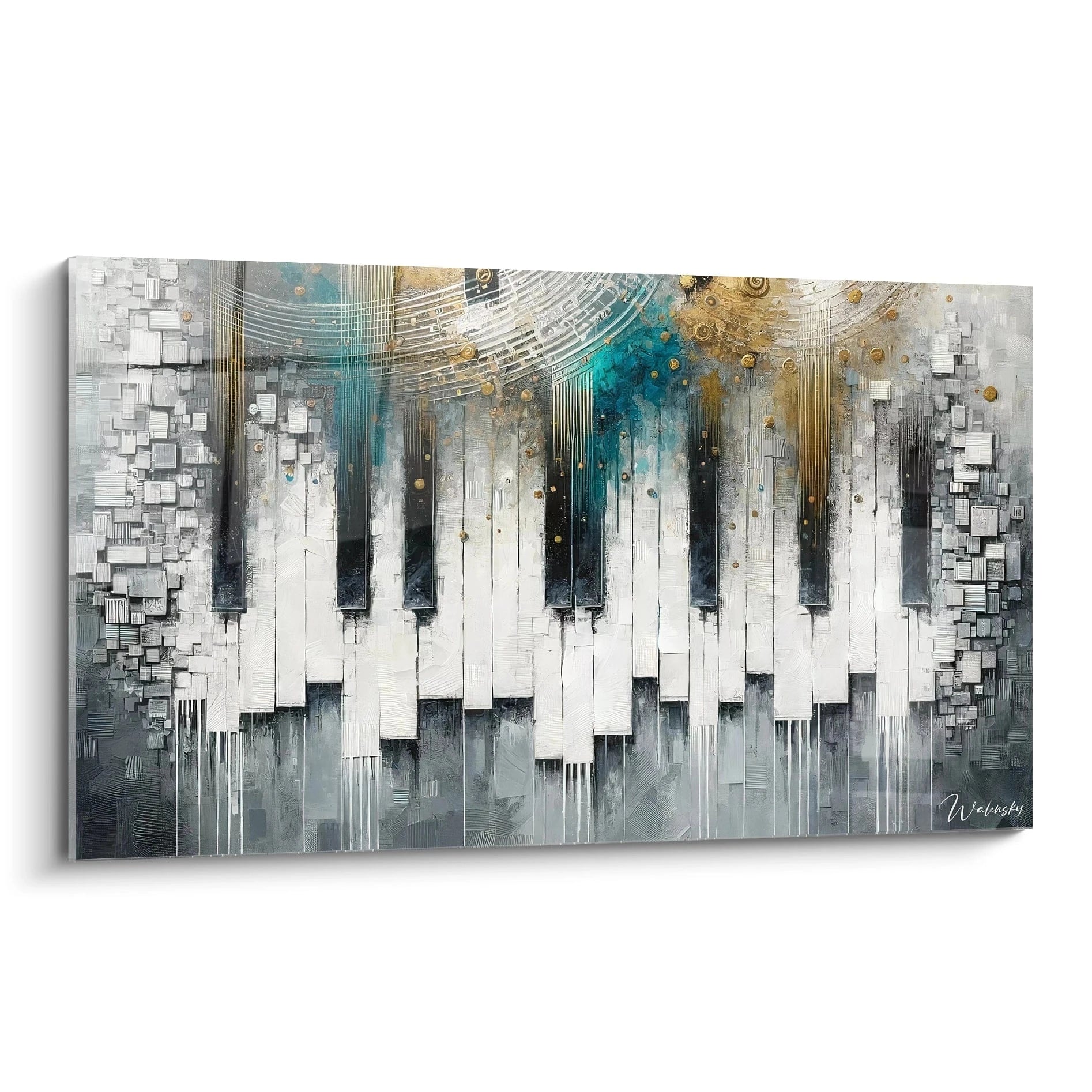 Un tableau abstrait représentant un clavier de piano stylisé, aux touches noires et blanches, avec des teintes dorées, turquoise et grises, et des effets de relief et de gouttes.

