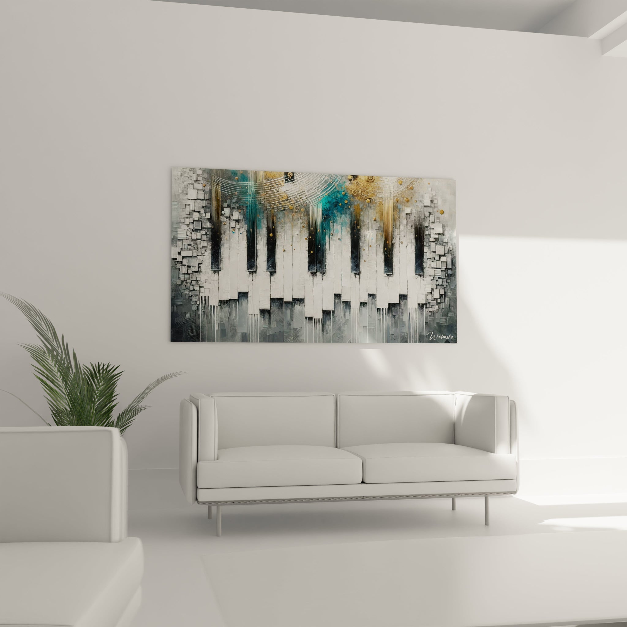 Un tableau abstrait montrant une rangée de touches de piano, intégrant du gris foncé, du blanc cassé, du turquoise et du doré, avec des motifs en spirales et surfaces texturées.

