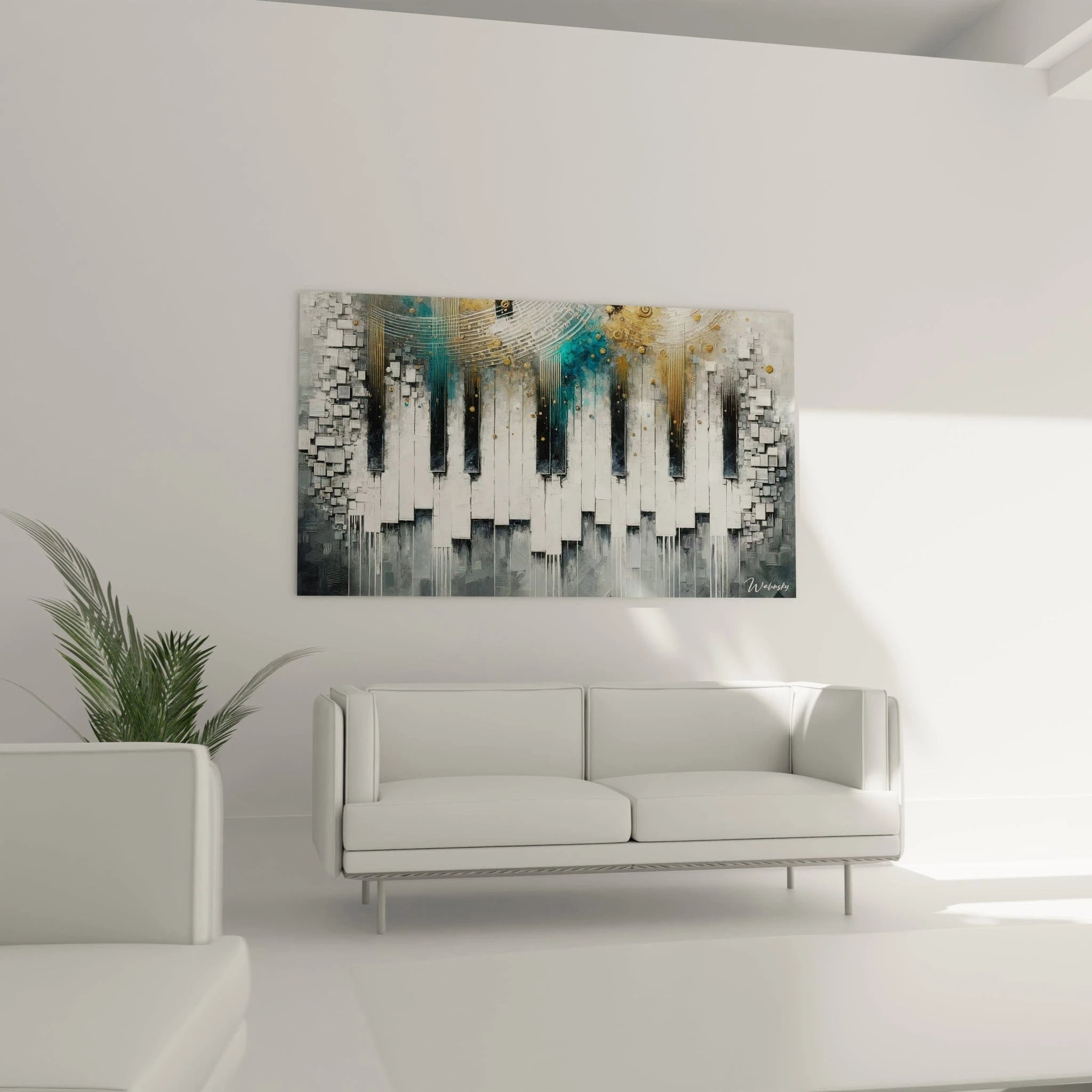 Un tableau abstrait montrant une rangée de touches de piano, intégrant du gris foncé, du blanc cassé, du turquoise et du doré, avec des motifs en spirales et surfaces texturées.

