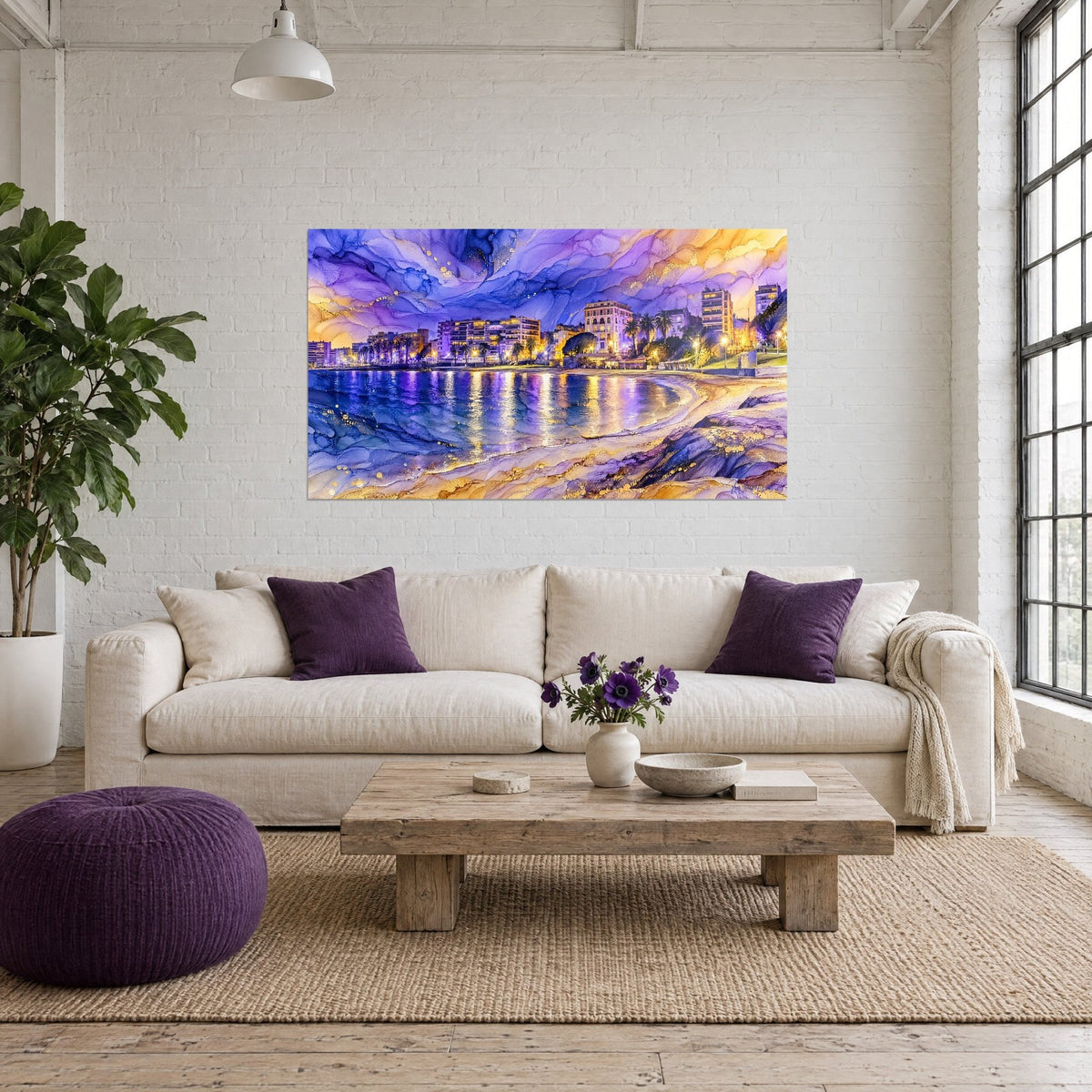 Wall art night bay with golden reflections on violet water, lit buildings, marbled sky, above a sofa in a bright living room