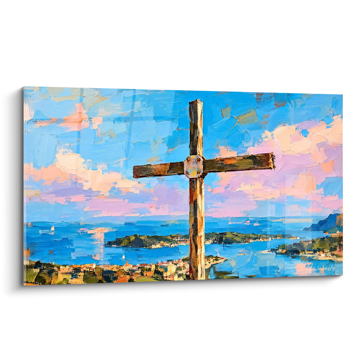 Croix de bois dominant une baie bleu marine et rose, peinture gestuelle style impressionniste provençal