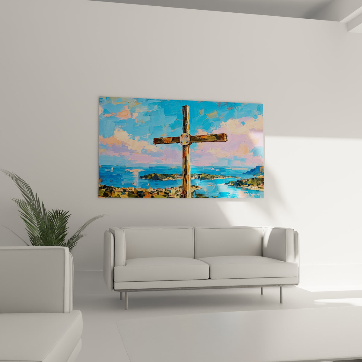 Couchant rose et bleu azur autour d'une croix massive, au-dessus d'un canapé dans un salon lumineux