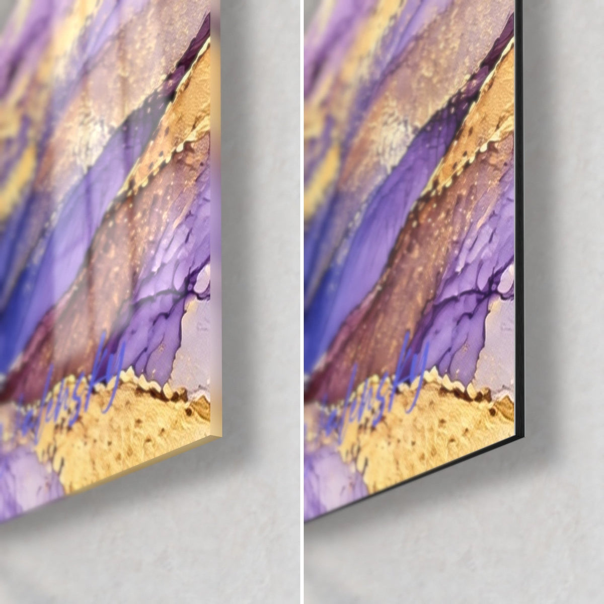 Wall art night shoreline in watercolor, bottom right corner: violet veins and gold glitter, glossy glass and matte Dibond, 3 mm thickness