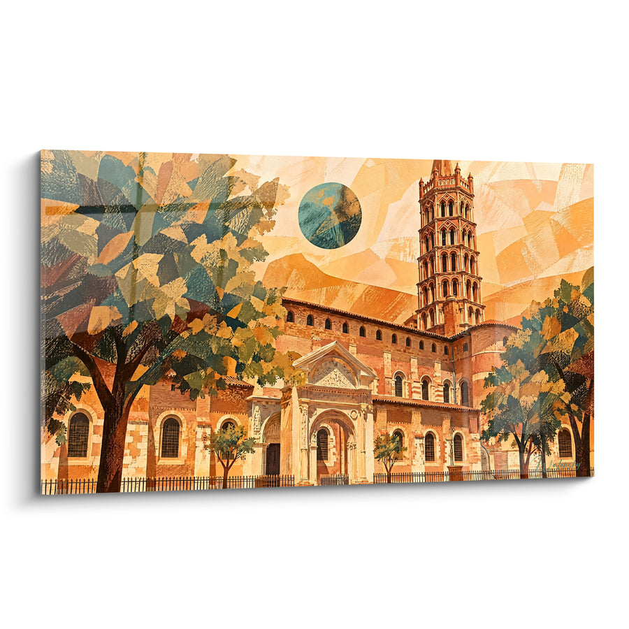 Schilderij Basiliek bakstenen en turquoise maan - Wacht onder de maan - Editie Toulouse Occitanie Frankrijk