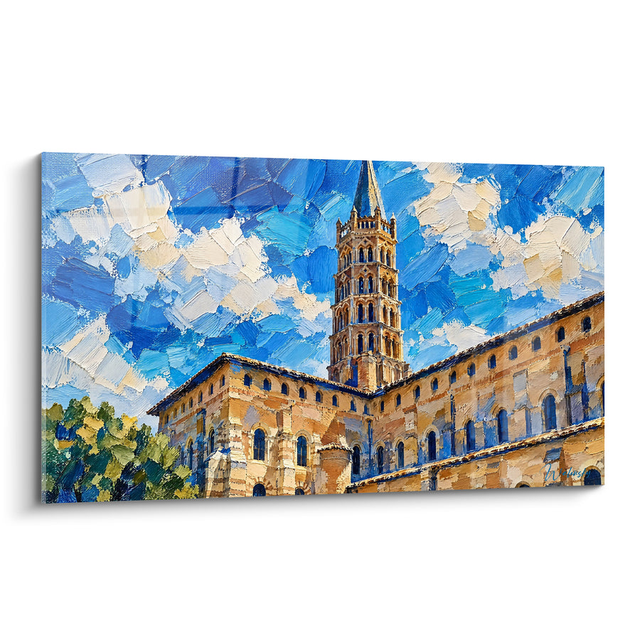 Schilderij Basiliek Sint-Sernin roze bakstenen blauwe hemel - Ontwaken onder de klokkentorens - Editie Toulouse Occitanie Frankrijk