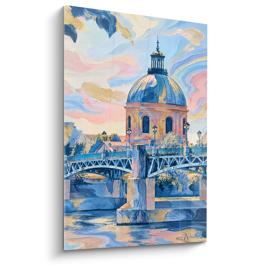 Schilderij Koepel en brug roze goud tijdens zonsondergang - Gloed van de schemering - Editie Toulouse Occitanie Frankrijk